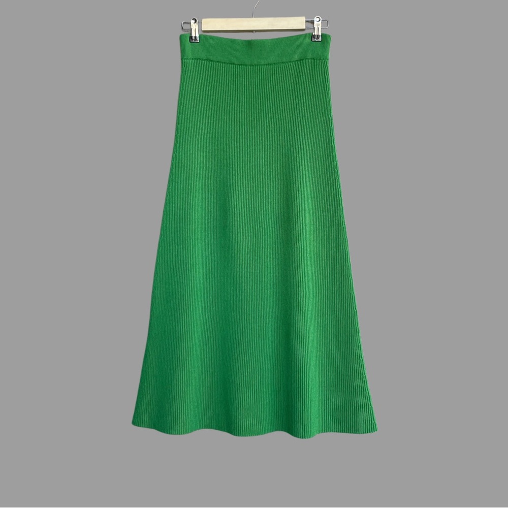SEZANE Green Ribbed Knit Wool & Organic Cotton Naelle Pull On Midi Skirt S - Picture 4 of 16
